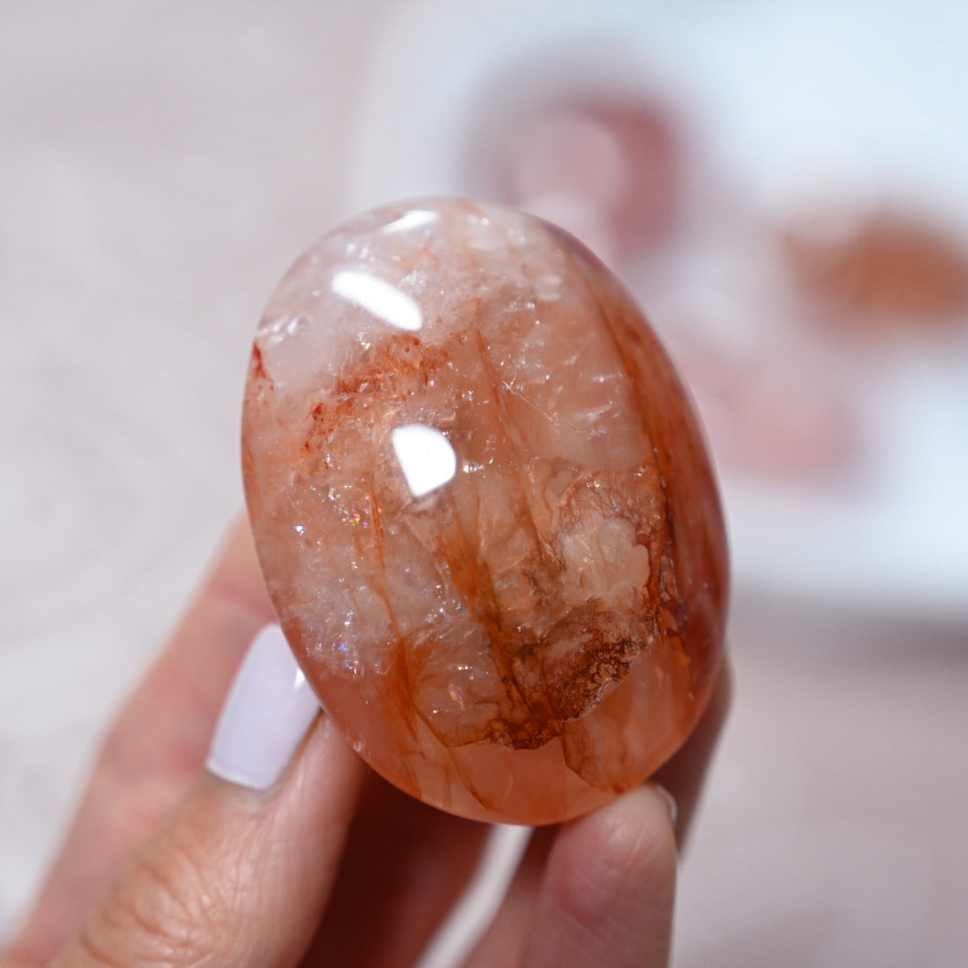 high-grade girasol fire quartz with rainbows | palm stone g