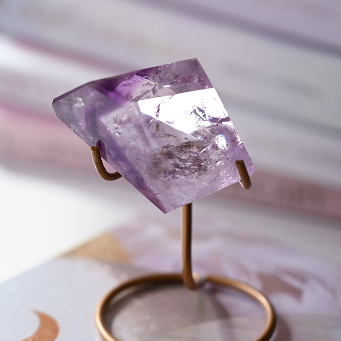 high grade phantom amethyst on stand | faceted freeform C