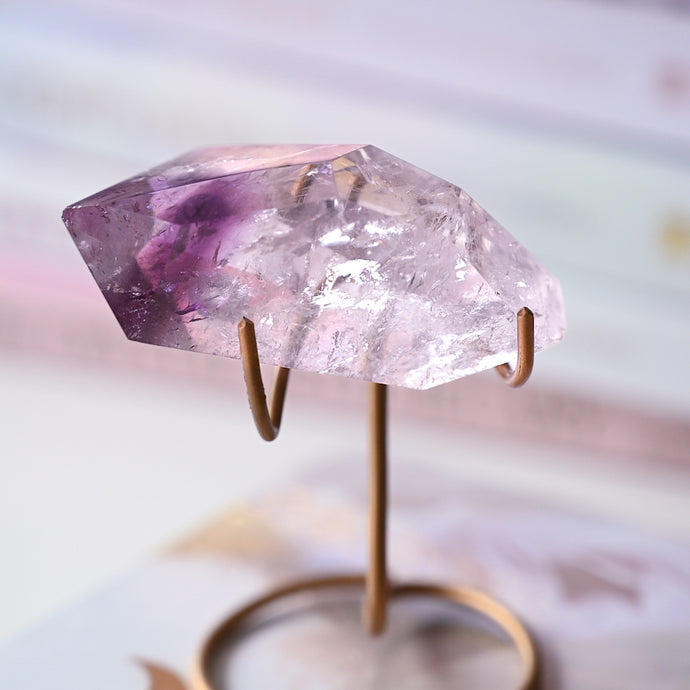 high grade phantom amethyst on stand | faceted freeform E