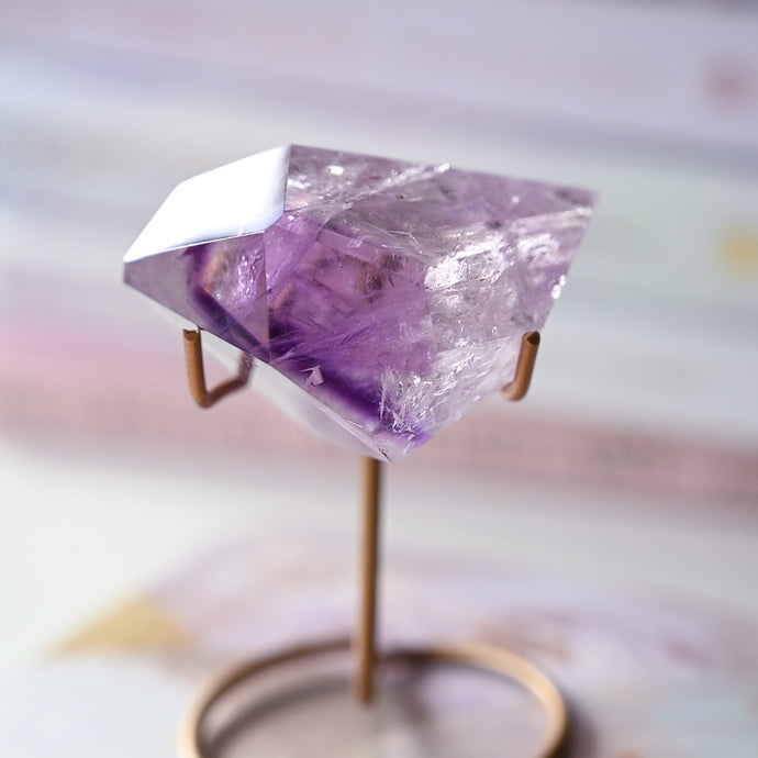 high grade phantom amethyst on stand | faceted freeform F