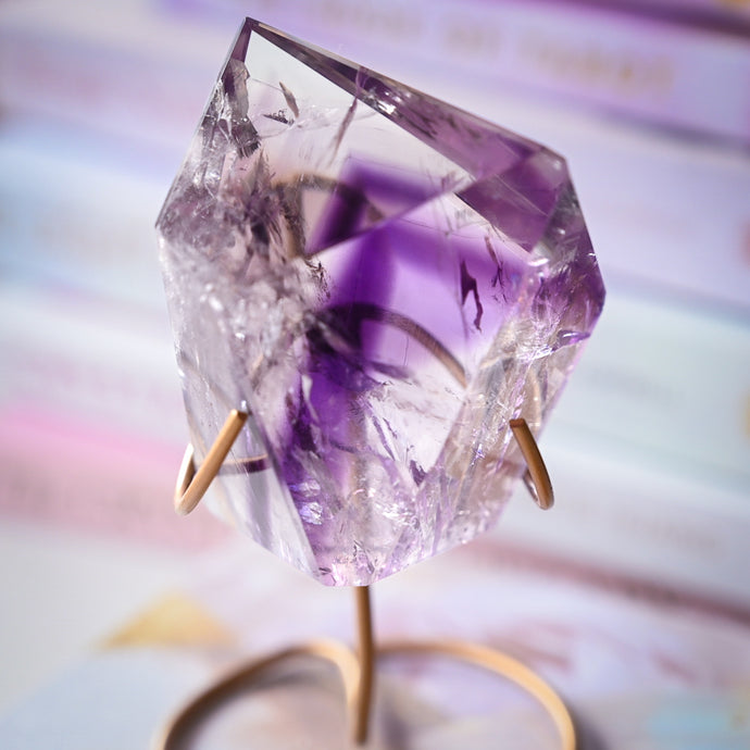 high grade phantom amethyst on stand | faceted freeform G