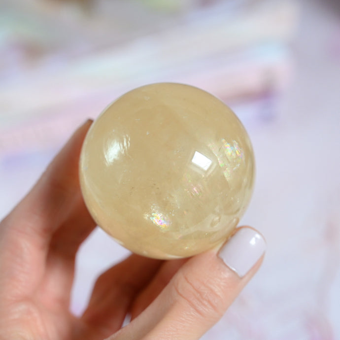 honey calcite with rainbows | sphere B