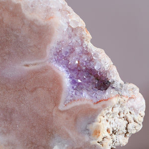 druzy pink amethyst slice on stand with purple amethyst