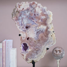 Load image into Gallery viewer, XL druzy pink amethyst slice on stand with purple amethyst