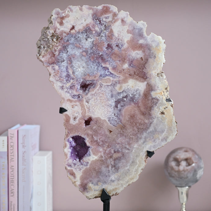 XL druzy pink amethyst slice on stand with purple amethyst