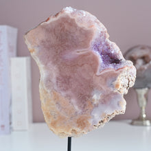Load image into Gallery viewer, druzy pink amethyst slice on stand with purple amethyst