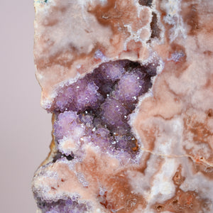 high grade pink amethyst with druzy purple amethyst | slice on stand