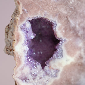 XL druzy pink amethyst slice on stand with purple amethyst